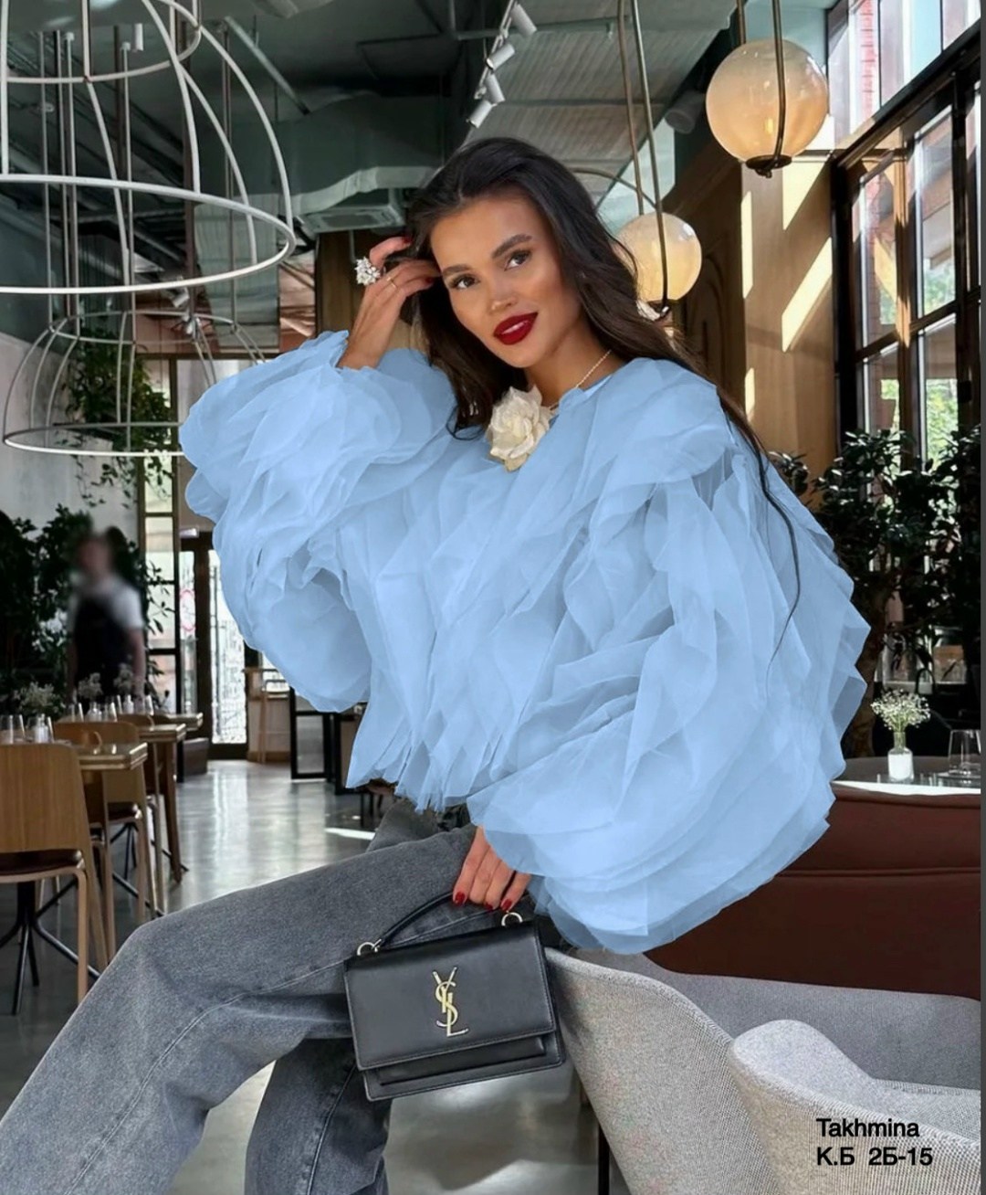 женская шифоновая блузка с оборками,женская шифоновая блузка с каскадными лепестками,женская блузка,блузка праздничная из шифона с воланами,блузка из органзы