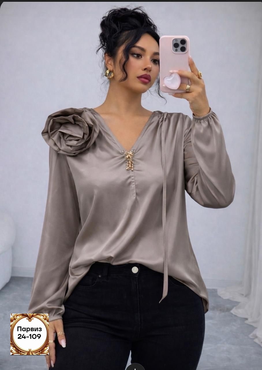 нарядная блузка,стильная блуза,блузка для полных,блузка с цветком шелковая нарядная emberens 200845582,стильная блузка