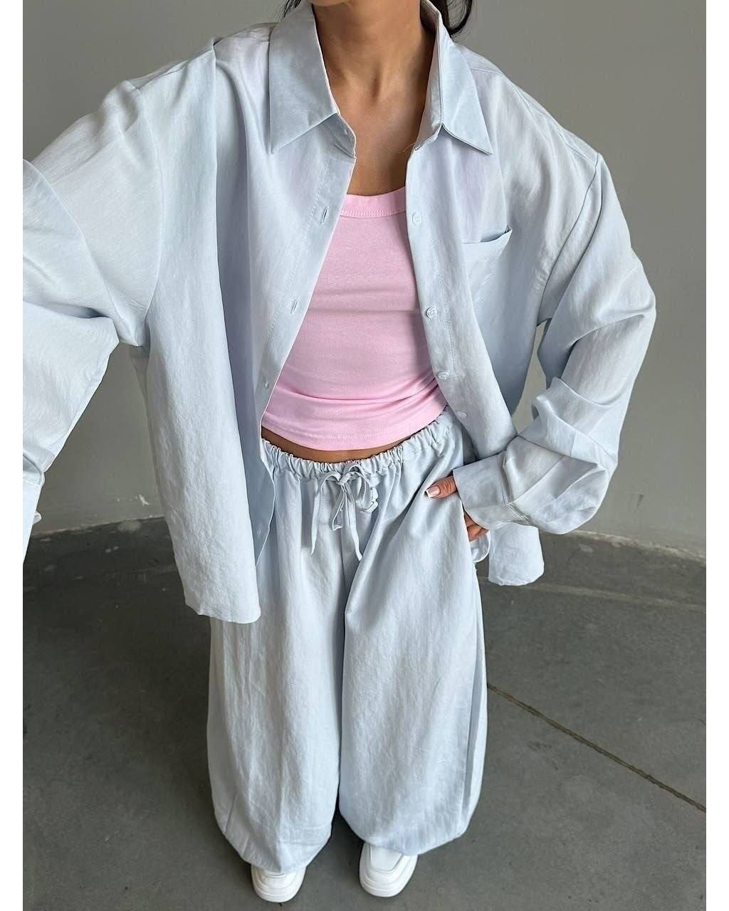 рубашка прямая свободного кроя,костюм с брюками,женская рубашка,брюки широкие