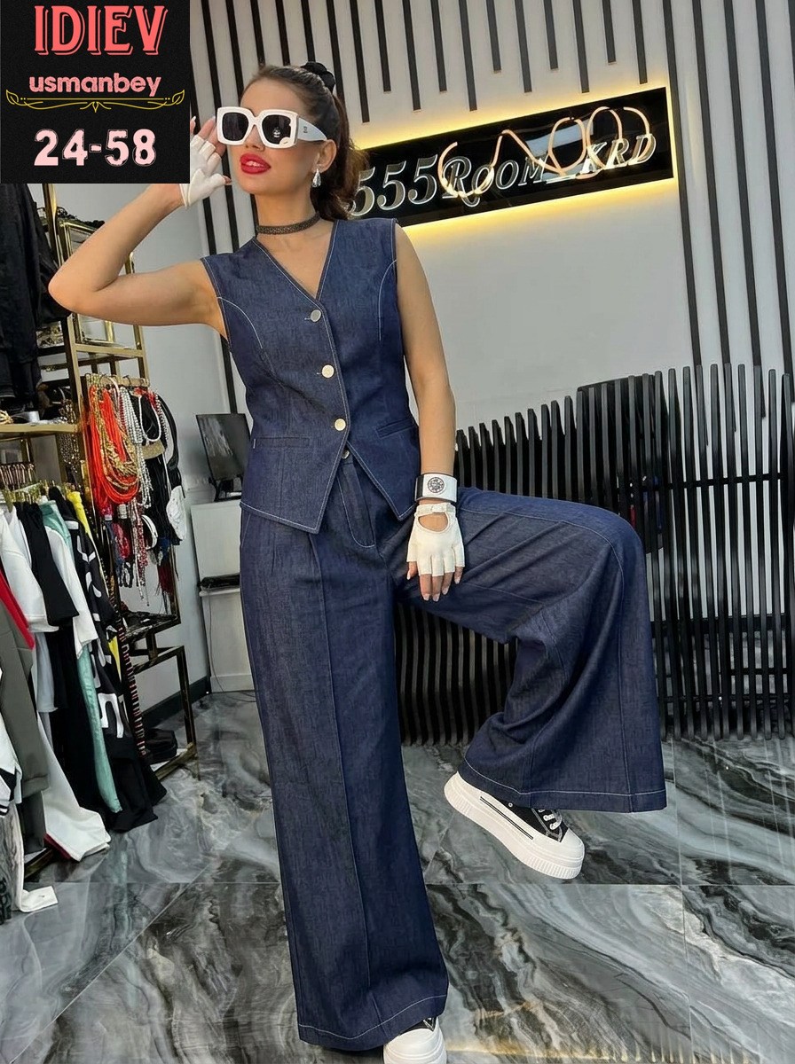 джинсовый костюм брючный палаццо с жилетом vera nova,джинсовый брючный костюм,джинсовый костюм женский брючный,джинсовые костюмы женские,джинсовый костюм брючный палаццо с жилетом vera nova 327890108