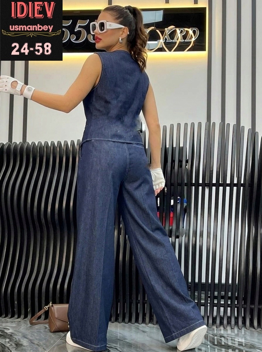 джинсовый костюм брючный палаццо с жилетом vera nova,джинсовый брючный костюм,джинсовый костюм женский брючный,джинсовые костюмы женские,джинсовый костюм брючный палаццо с жилетом vera nova 327890108