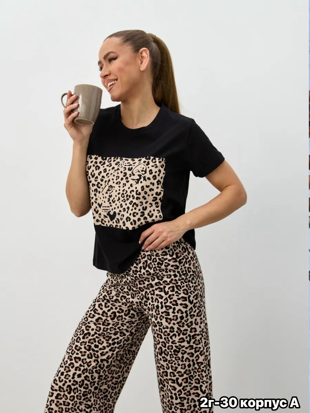 пижама женская,костюм женский с брюками modellance 32085 - леопард-черный,пижама женская с брюками,пижама брюки,комплект пижама