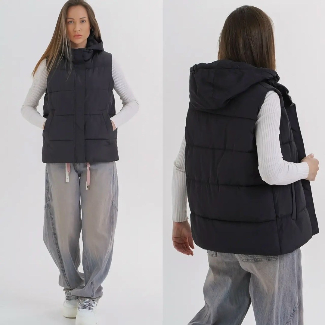 жилетка оверсайз утепленная безрукавка с капюшоном lucasta style,женская жилетка,жилет женский,жилет утепленный,жилет женский утеплённый