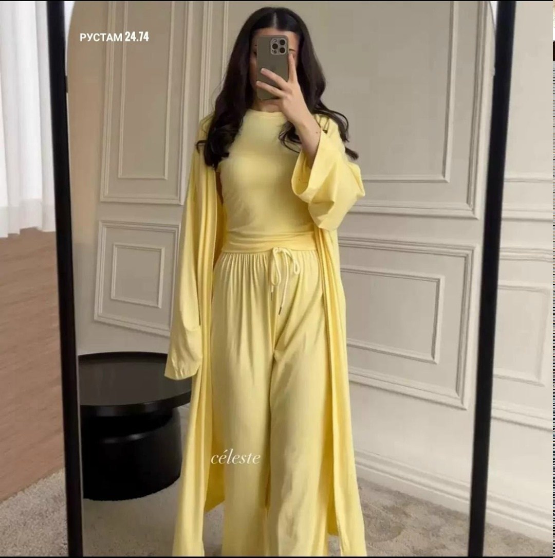 костюм с брюками палаццо,женский костюм-тройка qmansha из полиэстера,костюм с брюками,костюм женский,комплект одежды женский домашний с легинсами желтый