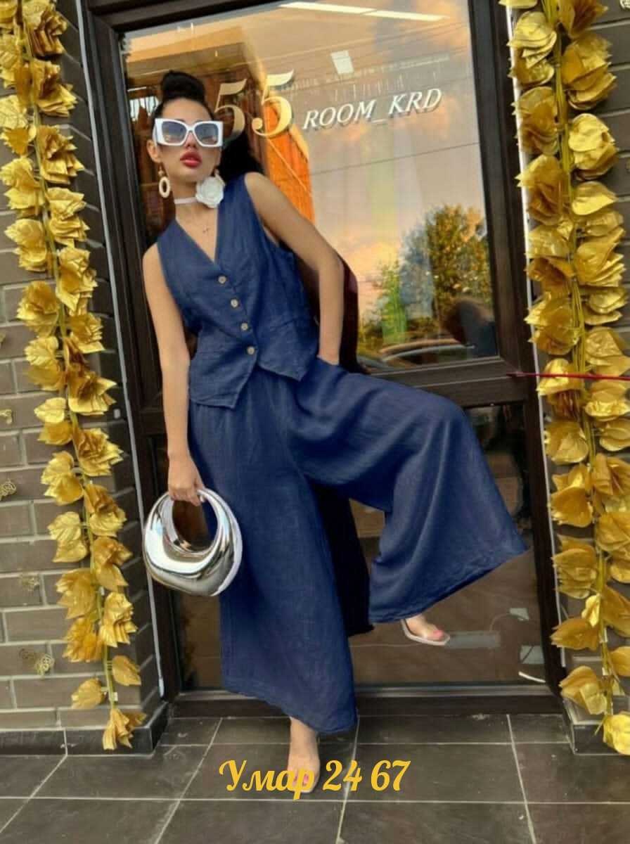 джинсовый костюм брючный палаццо с жилетом vera nova,брючный костюм,костюм брючный женский,брючный костюм женский с жилетом,джинсовый костюм брючный палаццо с жилетом vera nova цвет синий