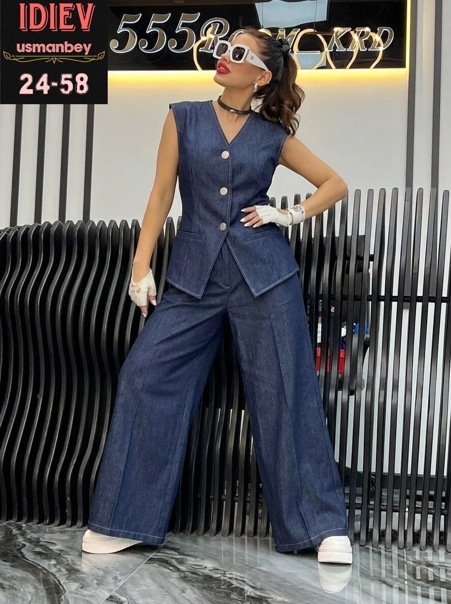 джинсовый костюм брючный палаццо с жилетом vera nova,джинсовый брючный костюм,джинсовый костюм женский брючный,джинсовые костюмы женские,джинсовый костюм брючный палаццо с жилетом vera nova 327890108