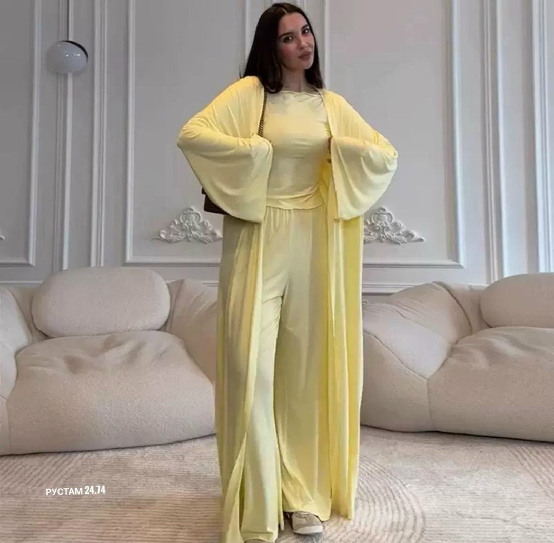 костюм с брюками палаццо,женский костюм-тройка qmansha из полиэстера,костюм с брюками,костюм женский,комплект одежды женский домашний с легинсами желтый