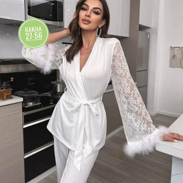 костюм одежда для дома,шелковый халат,пижама шелковая с перьями,женская пижама,женские пижамные комплекты