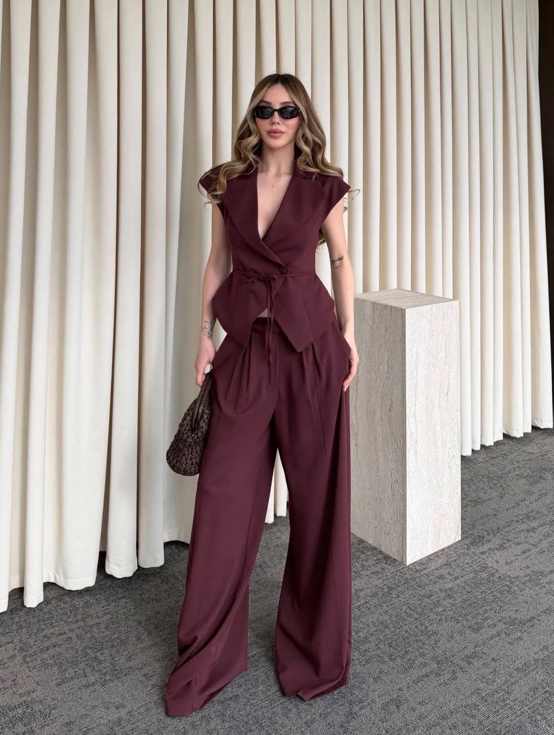 брючный костюм,женский костюм,женский костюм 2-ка: жилетка-блуза+штаны марсала,женский костюм брюки