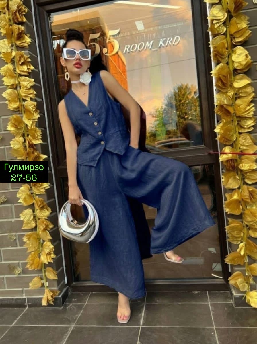 джинсовый костюм брючный палаццо с жилетом vera nova,джинсовый костюм брючный палаццо с жилетом vera nova цвет синий,брючный костюм женский с жилетом,костюм брючный женский,джинсовый костюм брючный па