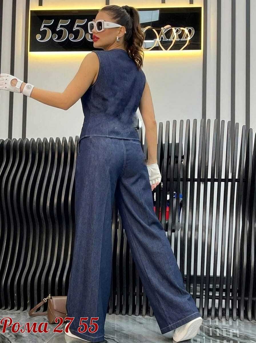 джинсовый костюм брючный палаццо с жилетом vera nova,женские костюмы,джинсовые костюмы женские,джинсовый костюм,женские брючные костюмы