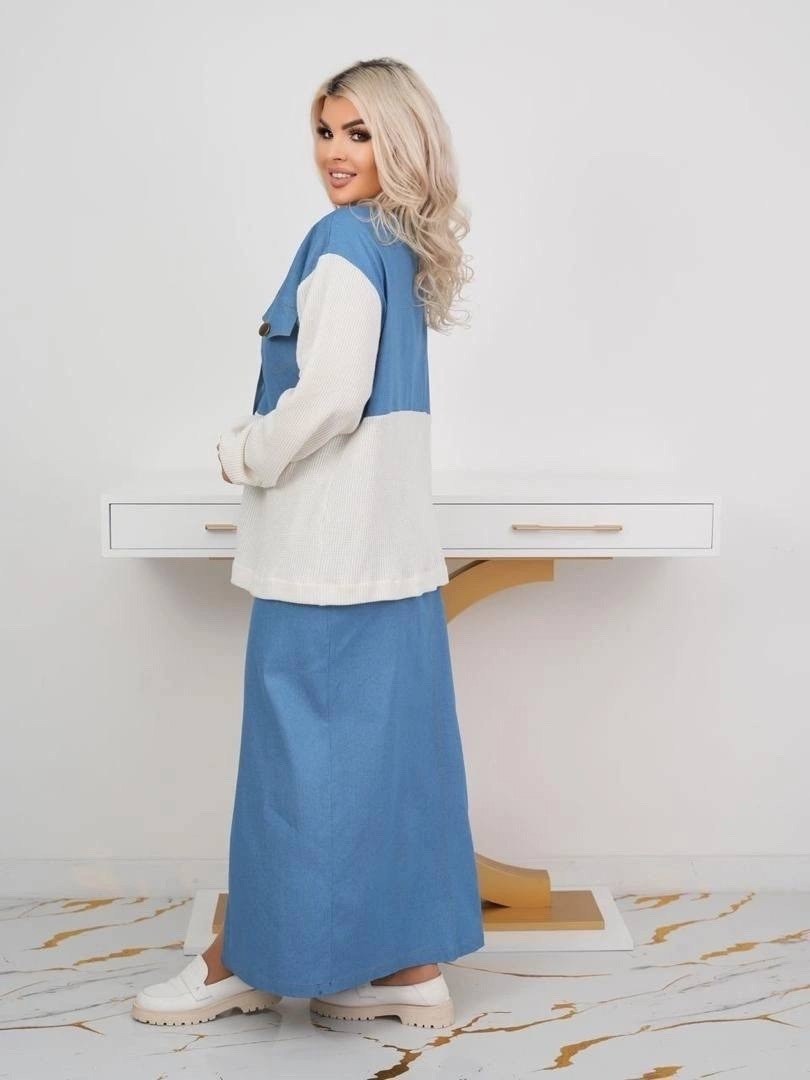 джинсовый костюм с юбкой,костюм с юбкой макси,костюм с длинной юбкой,костюм с юбкой,джинсовая юбка макси 2026 тренд