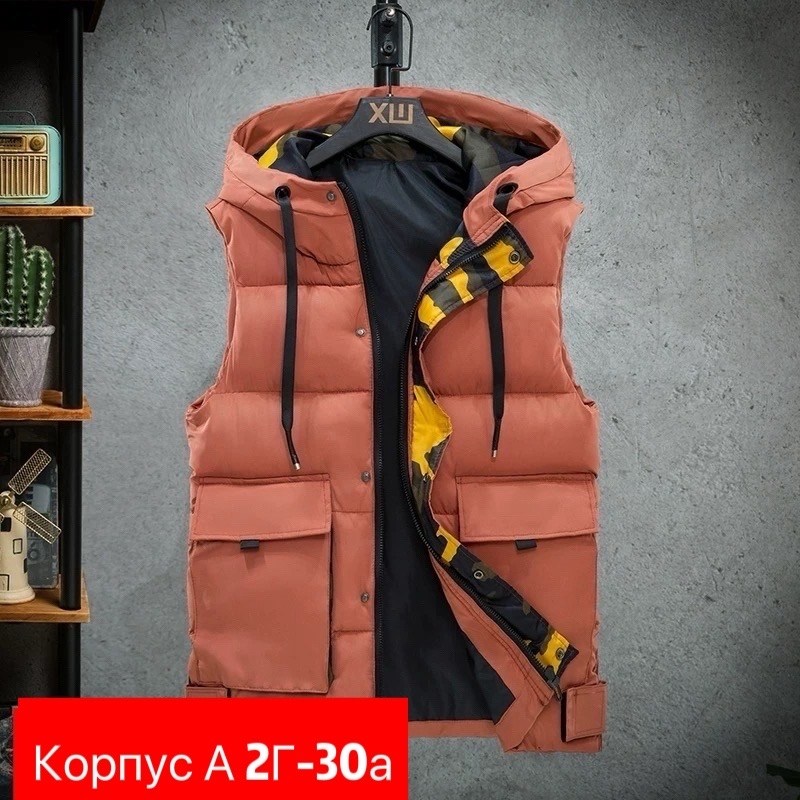 жилет мужская с капюшоном,жилетка теплая,жилет мужской,куртка без рукавов с капюшоном,безрукавка с капюшоном