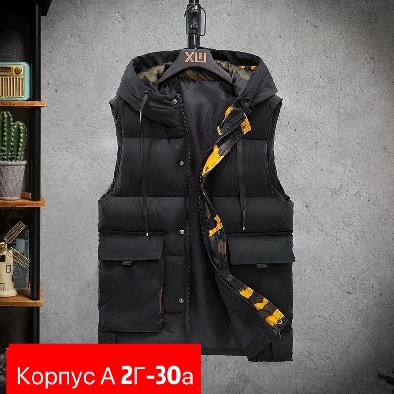 жилет мужская с капюшоном,жилетка теплая,жилет мужской,куртка без рукавов с капюшоном,безрукавка с капюшоном