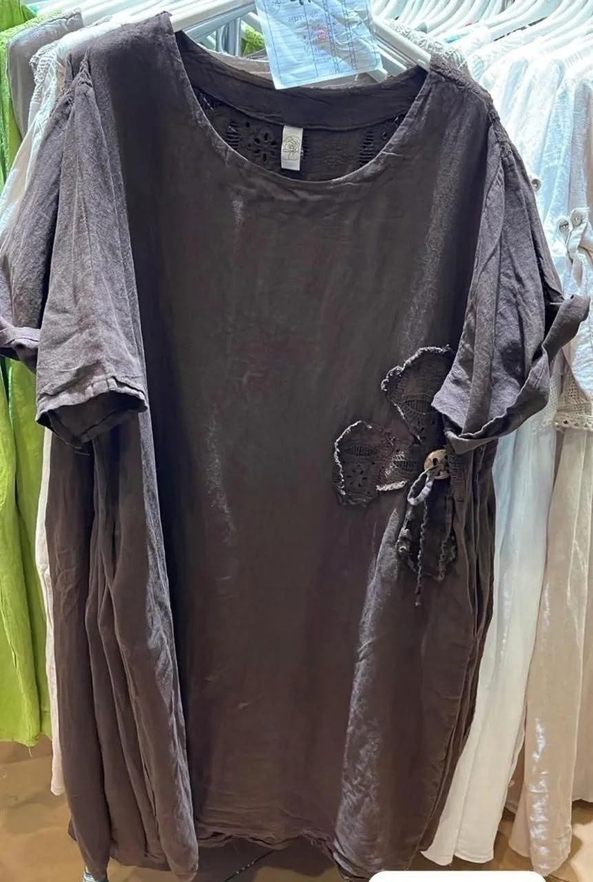 льняное платье балахон кофейный с розой,одежда в стиле бохо,платье бохо,туника из льна в стиле бохо,платья в стиле бохо