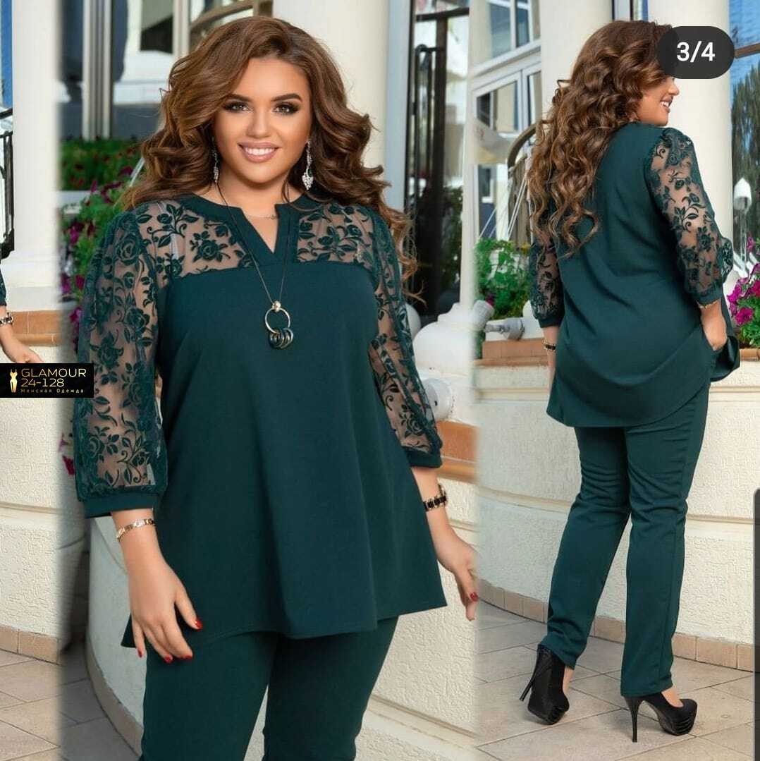 женский брючный костюм,брючный костюм для полных зелёный, креп-дайвинг итмв 1239-2 большого размера,брючный костюм,нарядный женский костюм(брюки/блузка) цвет:изумруд размер 62-64,костюм с рынка