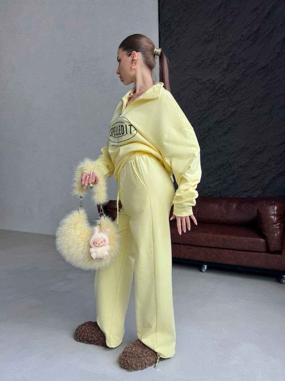 женский спортивный костюм,женская спортивная одежда,спортивный костюм,женский костюм,спортивный костюм двойка sporty&rich w suits цвет желтый лимонный
