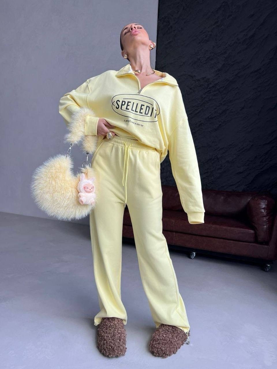 женский спортивный костюм,женская спортивная одежда,спортивный костюм,женский костюм,спортивный костюм двойка sporty&rich w suits цвет желтый лимонный