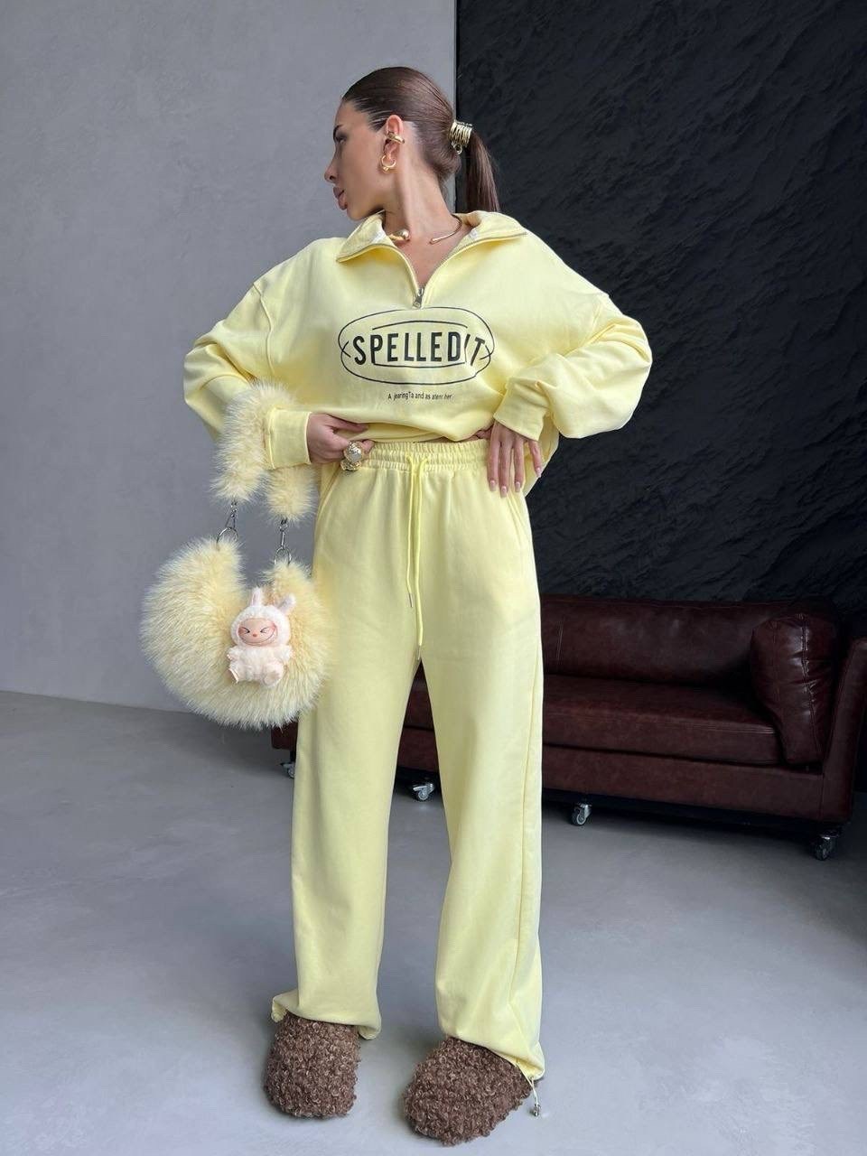 женский спортивный костюм,женская спортивная одежда,спортивный костюм,женский костюм,спортивный костюм двойка sporty&rich w suits цвет желтый лимонный