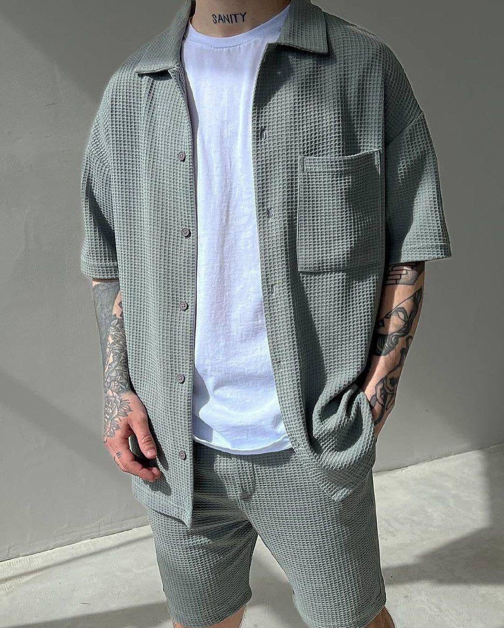 костюм летний мужской,мужская мода,повседневная рубашка,костюм мужской,мужские комплекты