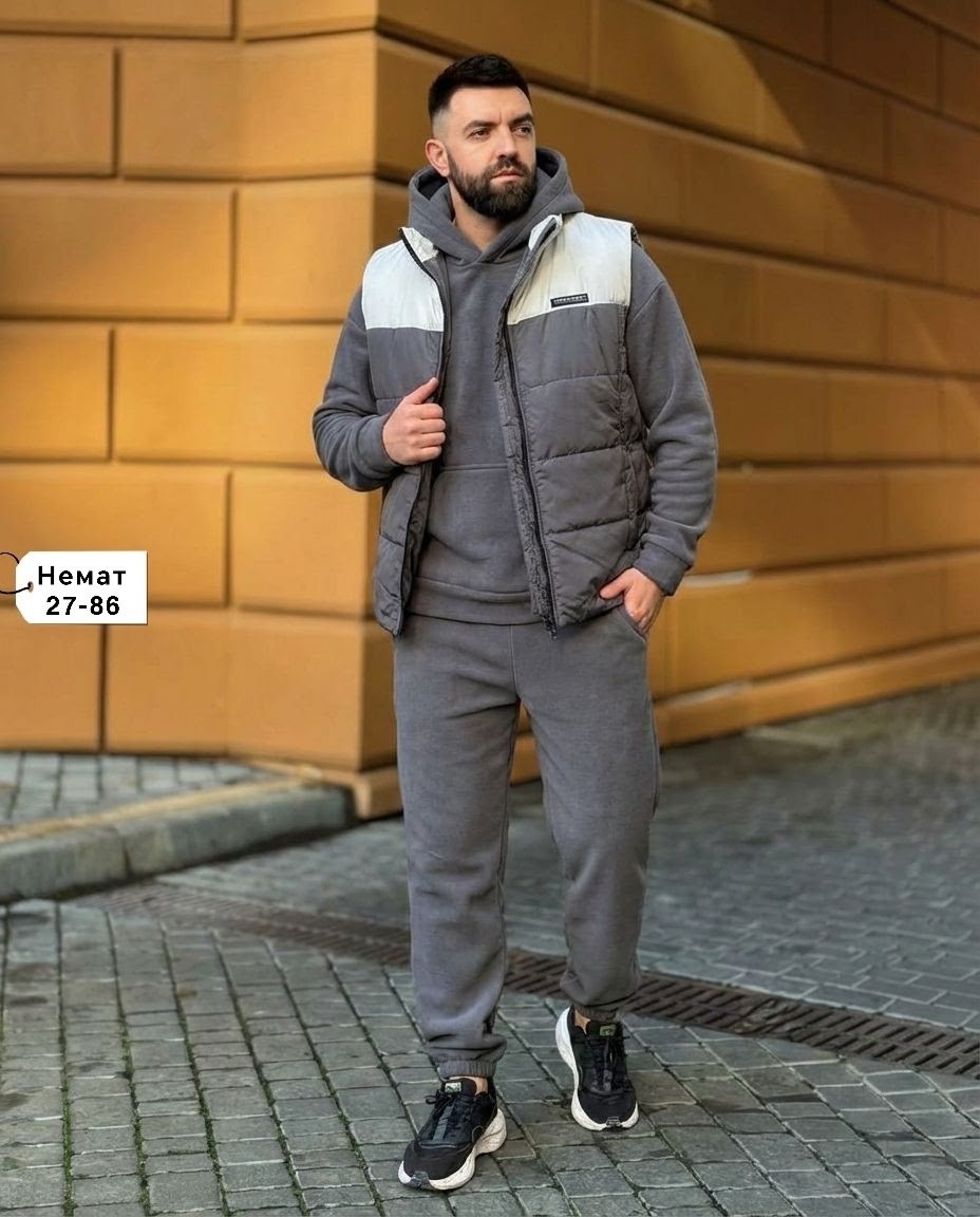 зимний спортивный костюм с жилеткой мужской,костюм на флисе мужской,жилетка на синтепоне,утепленный костюм,мужской теплый спортивный костюм на флисе с жилетом