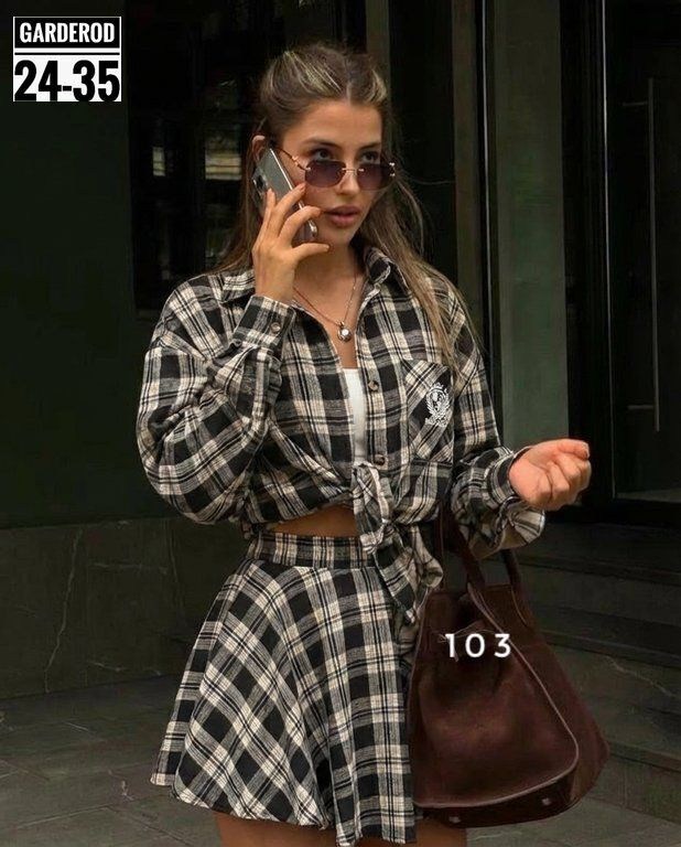 костюм с короткой юбкой и рубашкой в клетку,костюм юбка с рубашкой,костюм женский с юбкой и рубашкой,костюм в клетку,костюм с юбкой и рубашкой в клетку