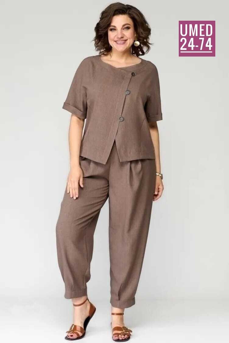 костюм michel chic арт 1337 корич,летние брючные костюмы для полных женщин,брючный костюм женский для полных,летний брючный костюм женский,летние костюмы женские