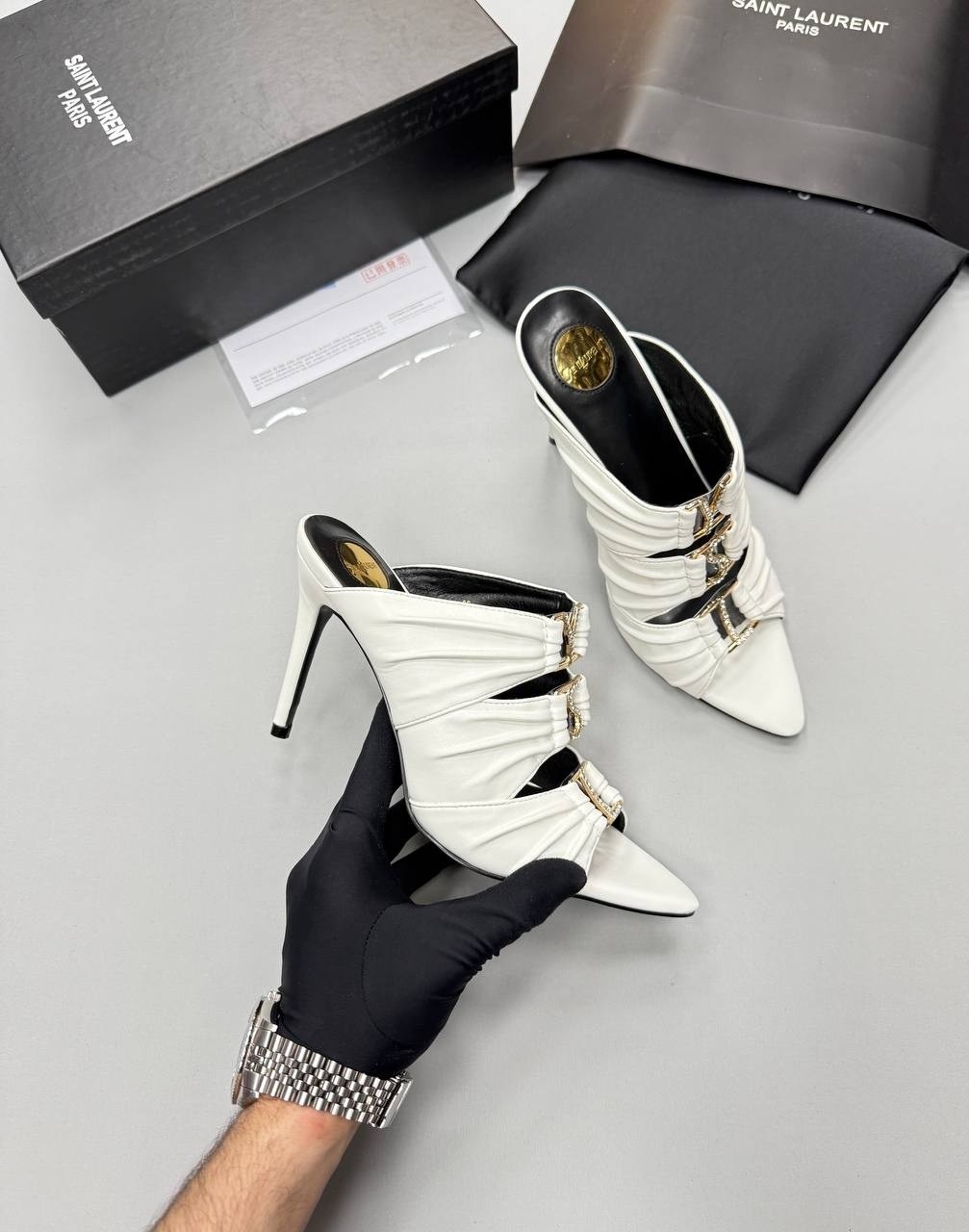 ,кожаные мюли,женская ,босоножки yves saint laurent,каблуки туфли