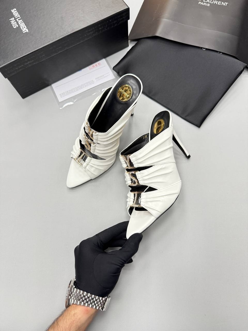 ,кожаные мюли,женская ,босоножки yves saint laurent,каблуки туфли