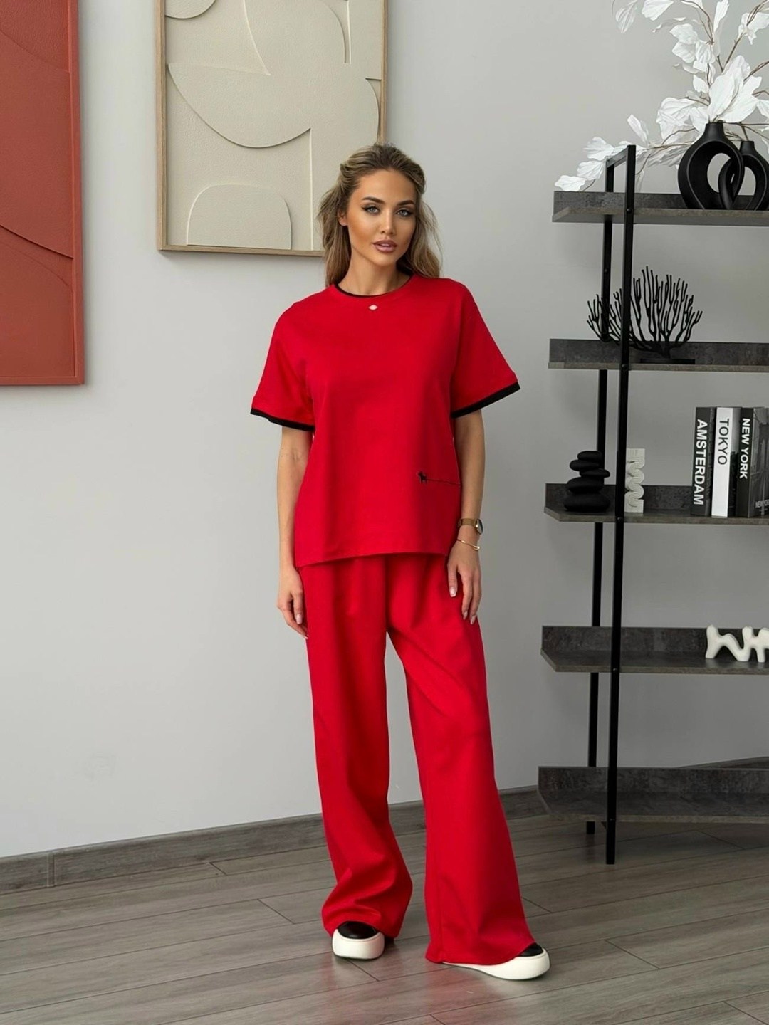 костюм с брюками,костюм брючный с футболкой 403red,костюм женский,брючный костюм,костюм romgil тз837лф двойка коралловый