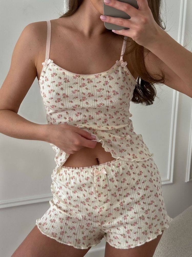 пижама домашняя с шортами и майкой из ажурного трикотажа kroy belove 317887132,пижама с шортами и майкой ажурная хлопок louloute серо-голубой,пижама женская,пижама с шортами,пижама женская с шортами