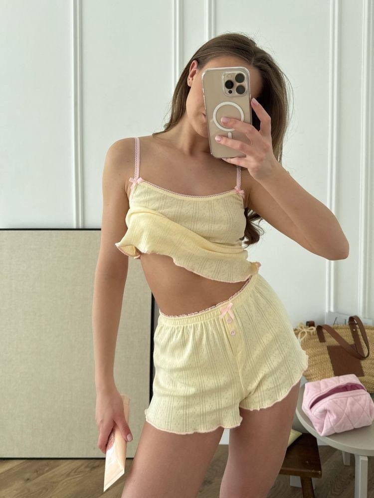 пижама домашняя с шортами и майкой из ажурного трикотажа kroy belove 317887132,пижама с шортами и майкой ажурная хлопок louloute серо-голубой,пижама женская,пижама с шортами,пижама женская с шортами