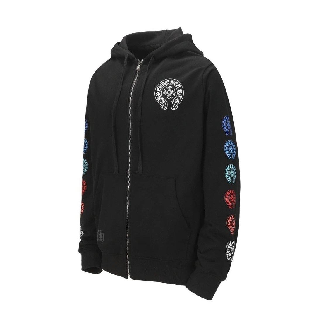 chrome hearts multi color horseshoe logo zip up hoodie black,chrome hearts multi color horseshoe black zip up hoodie,chrome hearts multi color horseshoe black zip up hoodie size medium,зип худи chrome