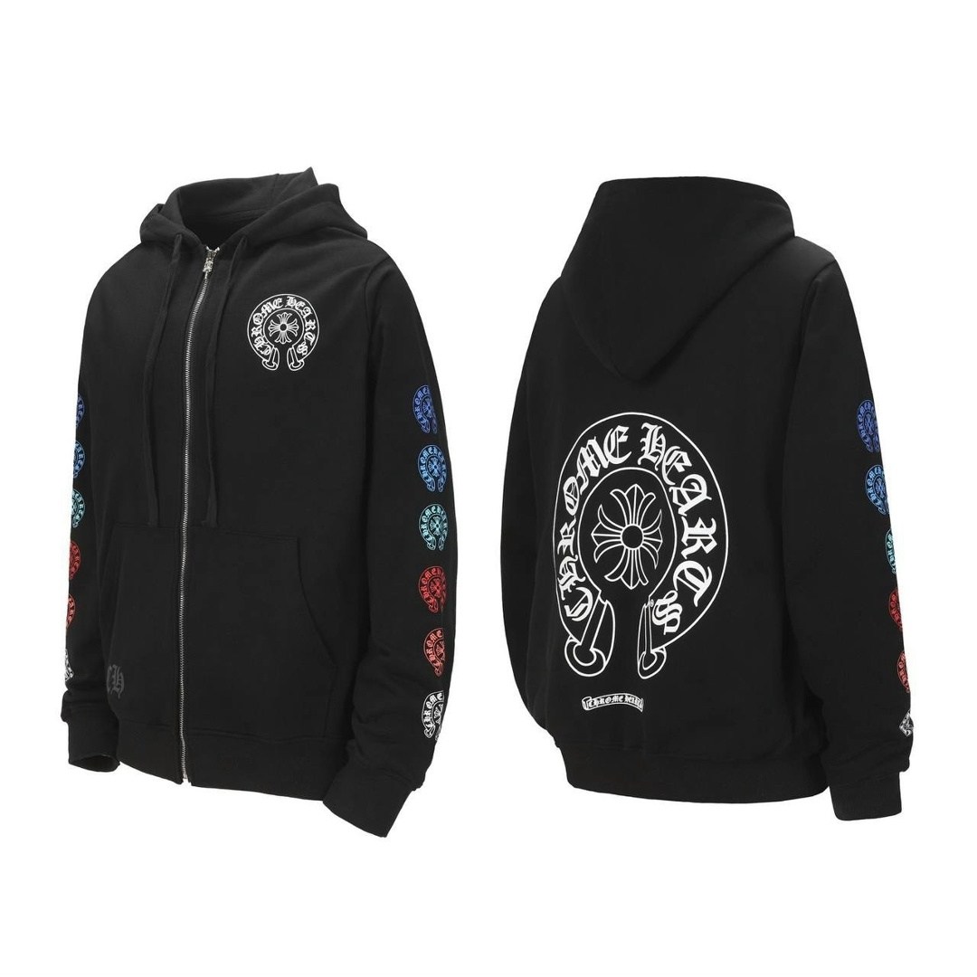 chrome hearts multi color horseshoe logo zip up hoodie black,chrome hearts multi color horseshoe black zip up hoodie,chrome hearts multi color horseshoe black zip up hoodie size medium,зип худи chrome