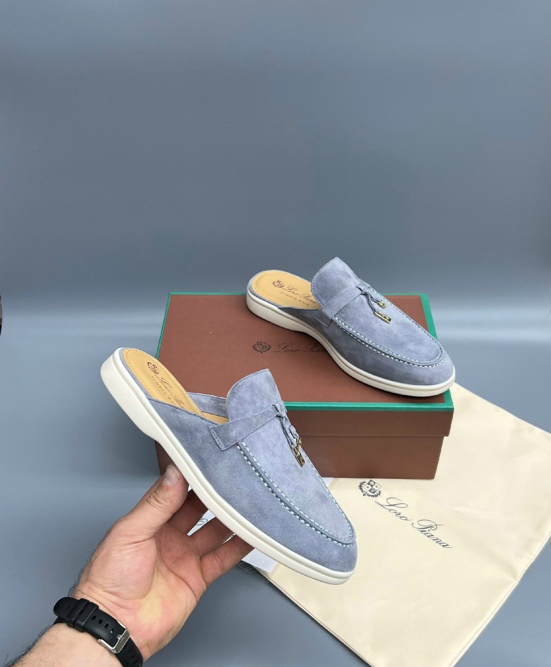 мюли loro piana,,лоферы loro piana,женские замшевые мюли loro piana голубые,мюли женские