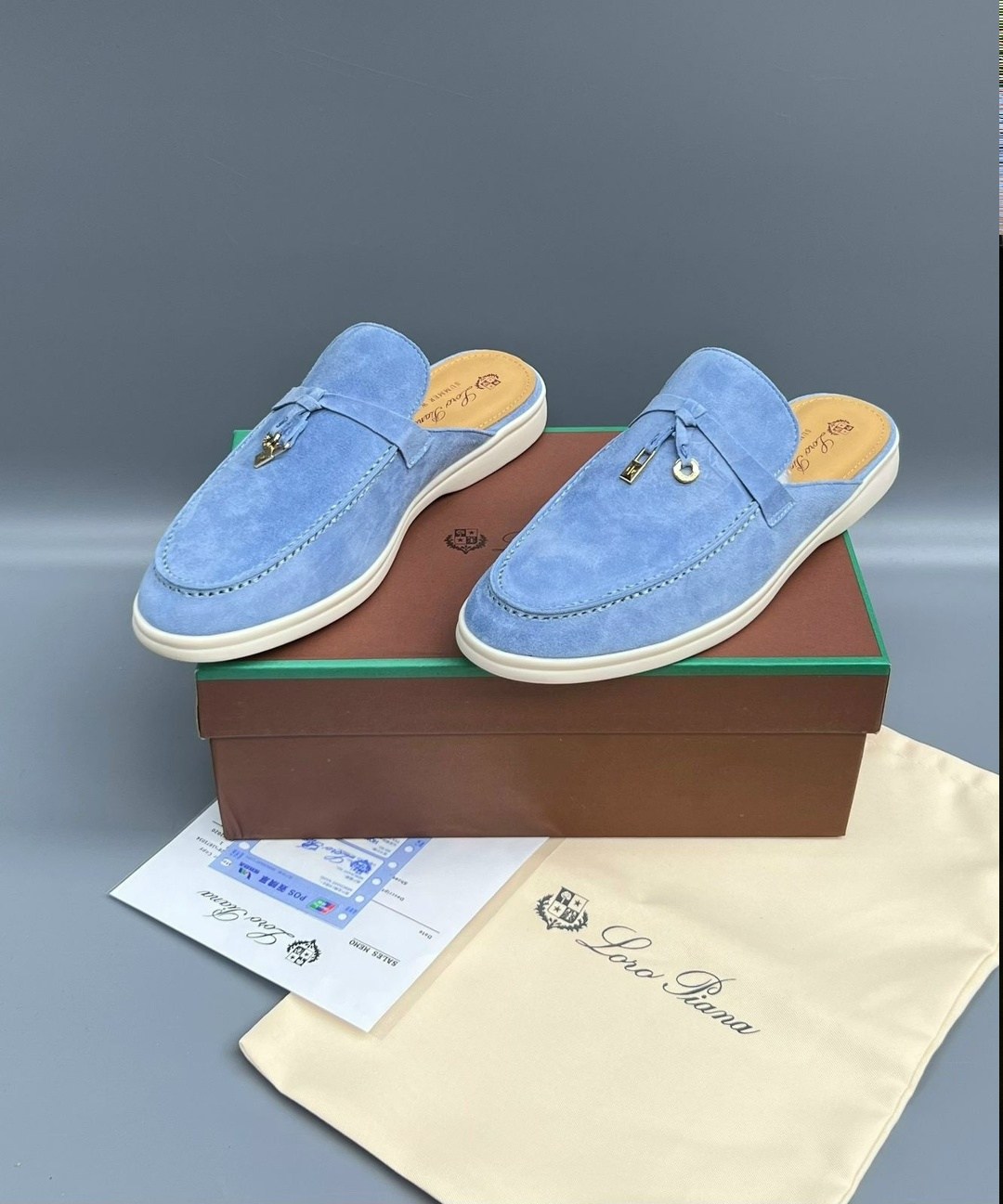 женские замшевые мюли loro piana голубые,,loro piana лоферы,loro piana мюли,мокасины лоро пиано женские