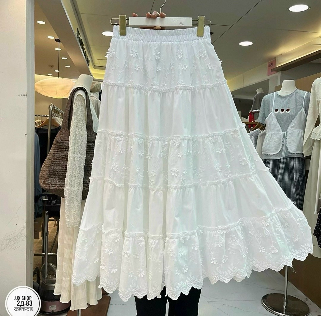 юбка длинная,кружевная юбка,юбка белая,юбка с оборками,женская длинная юбка