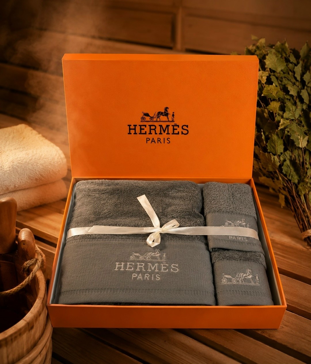 набор полотенец hermes,полотенце hermes,подарочный набор полотенец hermes из 3 штук,подарочный комплект полотенец hermes,махровые полотенца hermes