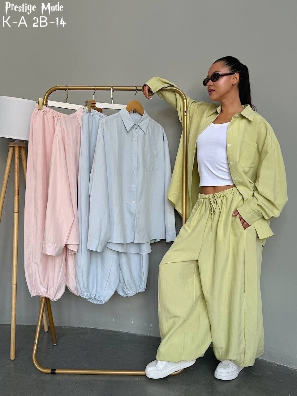 идеальный костюм изо льна: рубашка + брюки, lemon - l-xl,льняной костюм с брюками,идеальный костюм изо льна рубашка + брюки lemon,костюм с брюками,костюм повседневный