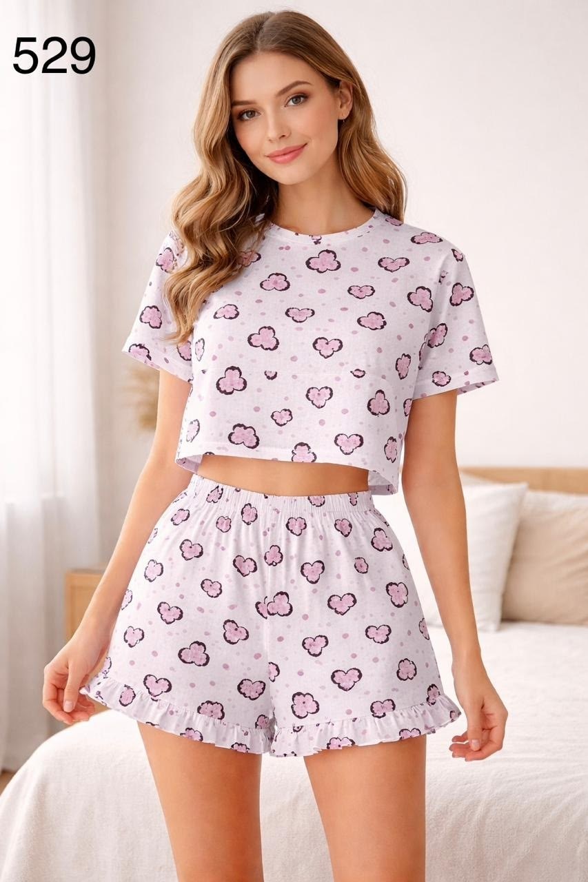 женская хлопковая пижама с шортами happyfox,женская пижама с шортами,пижама женское,пижама с сердечками с шортами и топом костюм летний для дома umood 218997300,пижама с сердечками с шортами и топом к