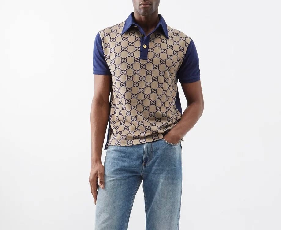 рубашка-поло мужская gucci maxi gg бежевый,gucci maxi gg monogram polo shirt,gucci polo,gucci piqu polo shirt with silk in brown dark blue,гуччи рубашка