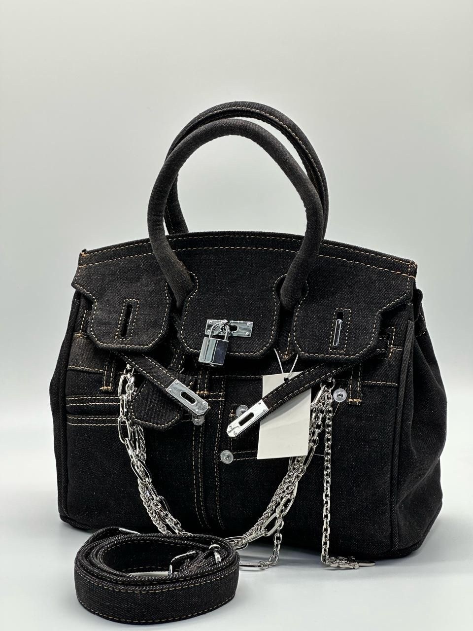 джинсовая сумка в стиле hermes birkin,джинсовая сумка в стиле hermes birkin diaya,сумка женская черная,джинсовая сумка в стиле биркин черная 35см,сумка