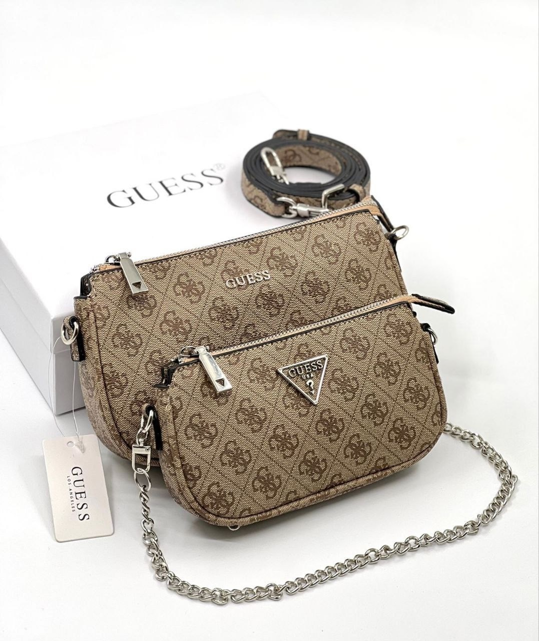 cумка guess,женская сумка guess,женская сумка guess через плечо,guess usa мини-сумка через плечо noelle,сумка через плечо guess noelle dbl pouch crossbody hwbg7879710 темно-бежевый