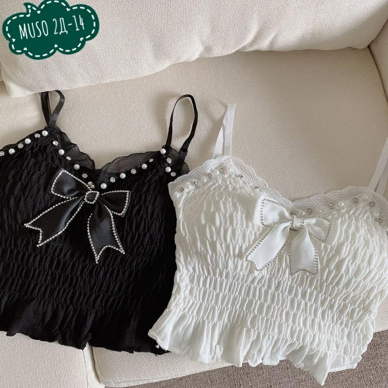 топ с атласным бантиком и жемчужинами h. h. fashion,топ женский кружевной,кружевной топик,кружевной топ,кружевная майка