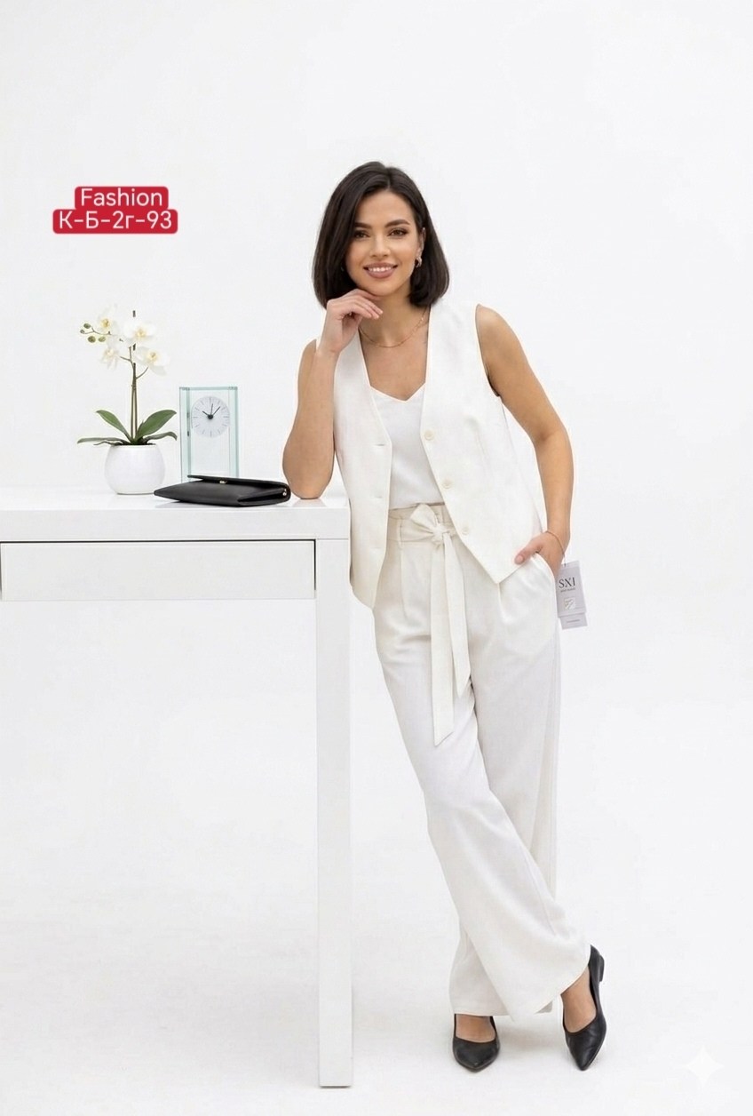 костюм классический sami fashion line женский летний брючный льняной,костюм белый брючный,брючный костюм,жилет 3039в молочный,костюм белый