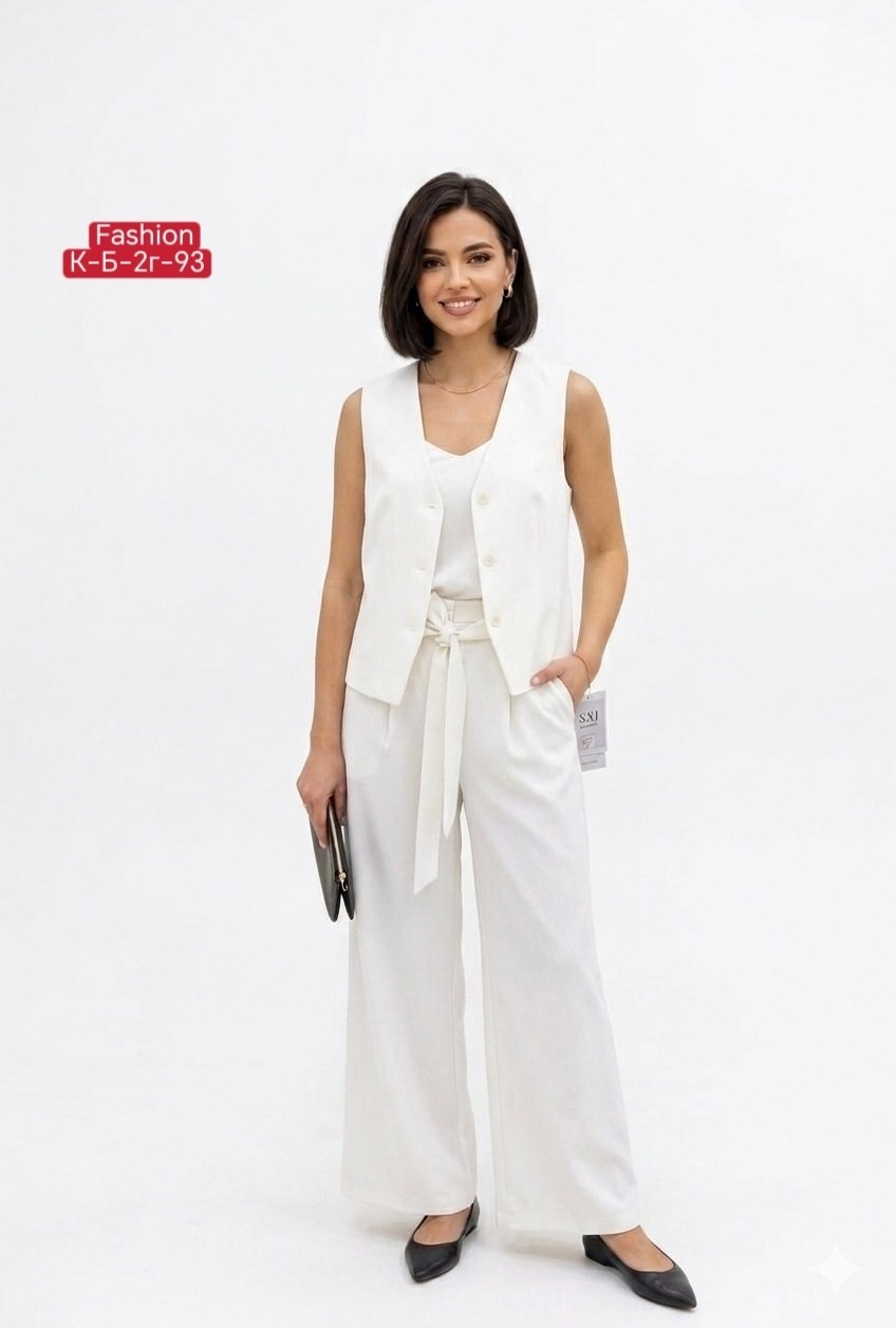 костюм классический sami fashion line женский летний брючный льняной,костюм белый брючный,брючный костюм,жилет 3039в молочный,костюм белый