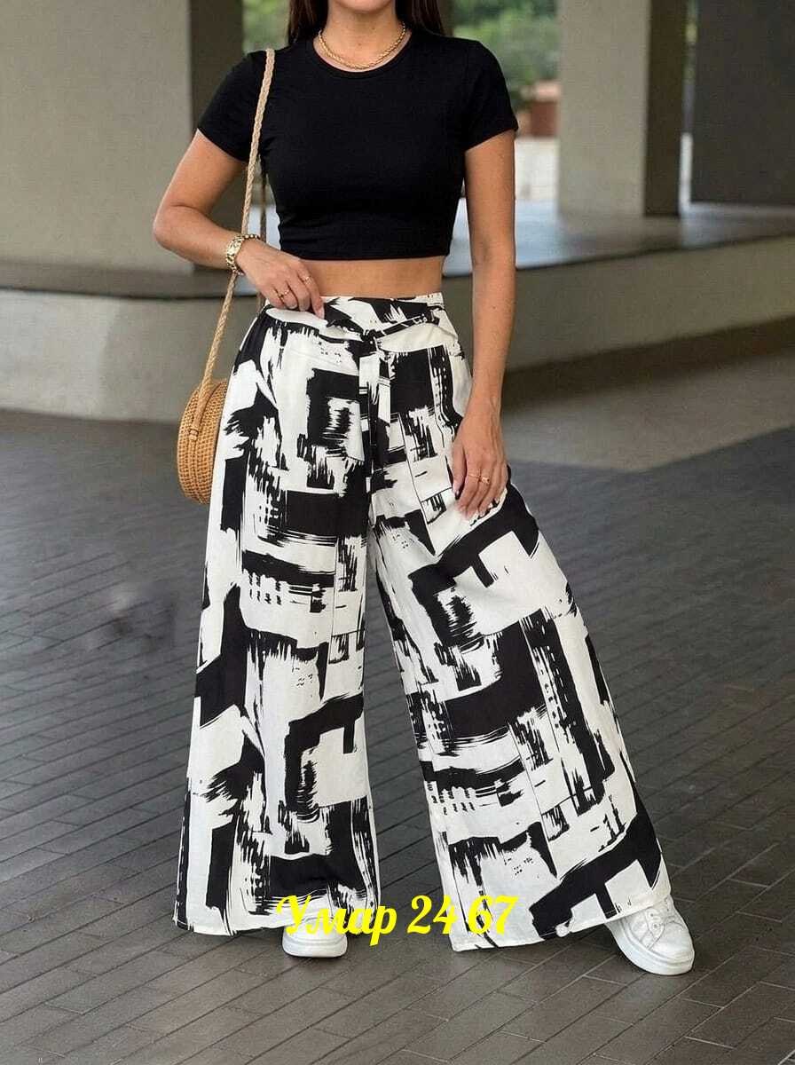 брюки широкие,модные брюки,брюки michel chic 828 черно-белый,брюки с широкими штанинами,женские свободные брюки