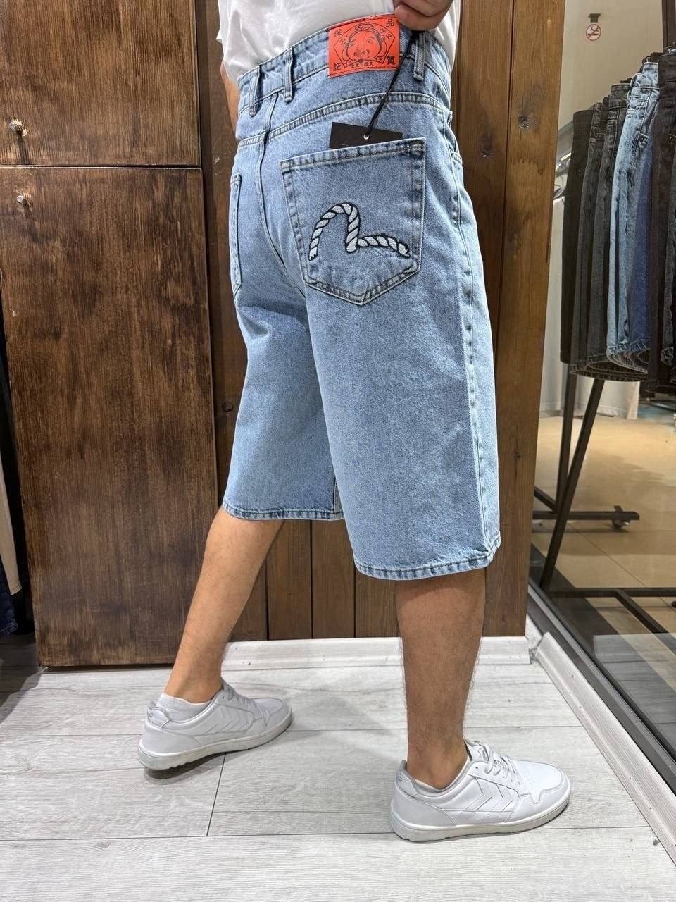 шорты evisu,мужские шорты,джинсовые шорты,evisu джинсы,джинсовые шорты с вышивкой