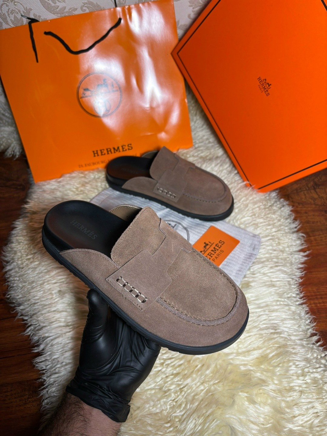 мюли hermes,hermes мюли женские,, hermes,замшевые шлепанцы hermes