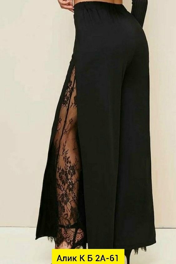 брюки стильные,брюки женские,lace insert split thigh wide leg pants,брюки с кружевом,брюки стиль